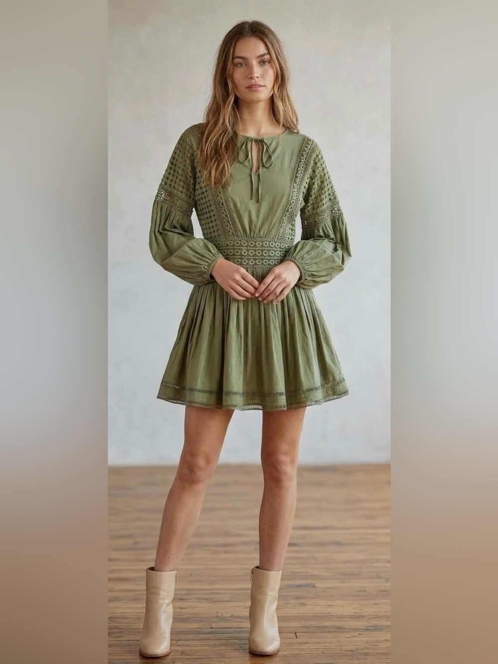 Endless Rose Olive Green Long Sleeve Lace Eyelet Fit-and-Flare Dress M